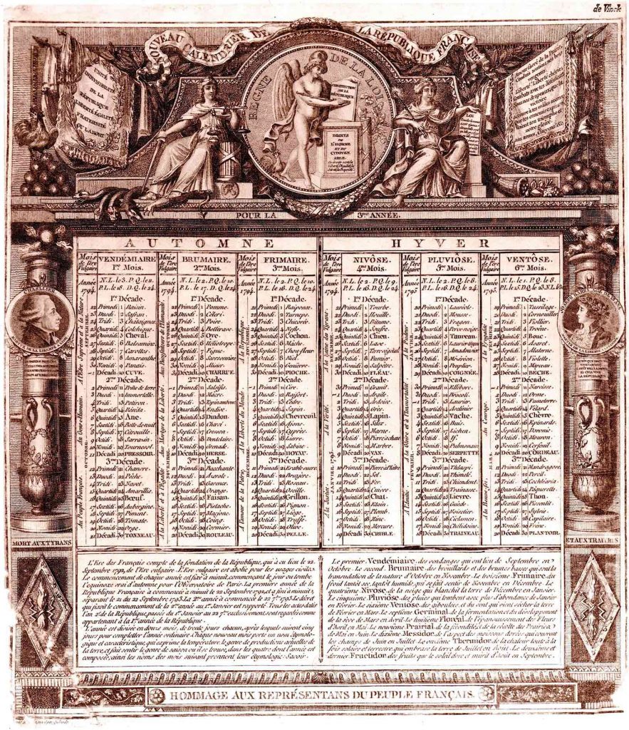 Calendrier Républicain mettant en exergue que le 12 octobre / 21 Vendémiaire est le jour du Chanvre.